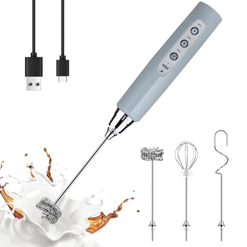 Image of YUSWKO Handheld Milk Frother for Coffee, Rechargeable Drink Mixer with 3 Heads 3 Speeds Electric Whisk Coffee Frother For Latte, Cappuccino, Hot Chocolate, Egg - Cement Gray