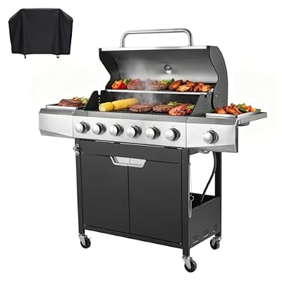 Endark 6-Burner Propane Gas Grill with Side Burner – 68,500 BTU Stainless Steel Outdoor BBQ, Porcelain Coated Grates, Rolling Wheels & Cover for Patio, Backyard, Garden