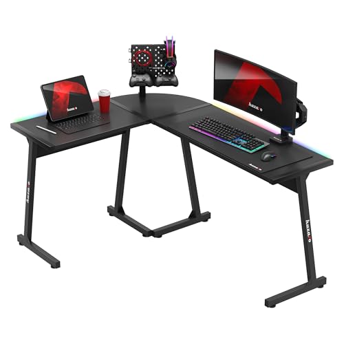 huzaro Hero 6.0 RGB – L-Form Eckschreibtisch Gaming Tisch Schreibtisch – LED-Beleuchtung mit Musik synchronisieren – Rechts Links Montage – Carbon Tischplatte – Homeoffice – 147x112cm – Schwarz
