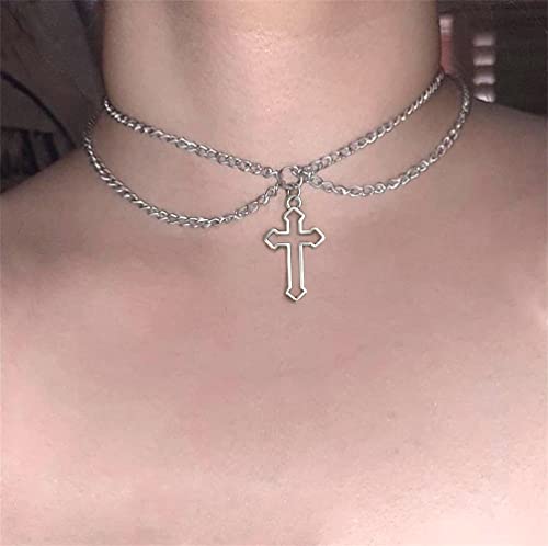 Hmixn Layered Choker Cross Necklace Silver Chain Simple Punk Cross Pendant Gothic Collar Handmade Statement Chunky Chains Necklaces For Women #TOP3