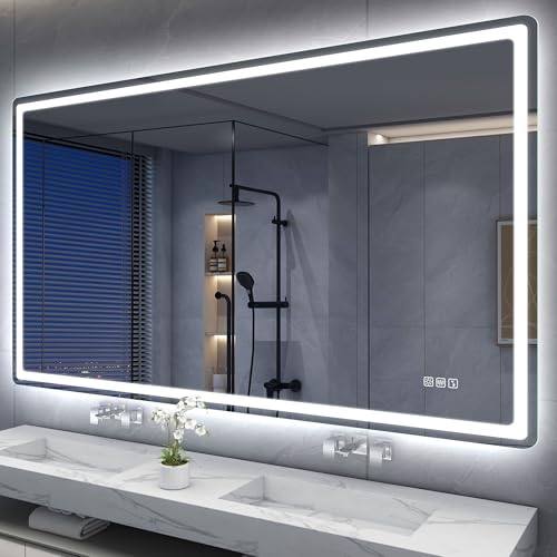 S'bagno Bluetooth-Miroir-Salle-de-Bain-avec-Eclairage-140x80cm, Miroir-LED-Salle-de-Bain Anti-buée, 3000K-6500K, Dimmable, Mémoire, Verre trempé HD, IP44-Miroir-Salle-de-Bain-Led, Horizontal/Vertical