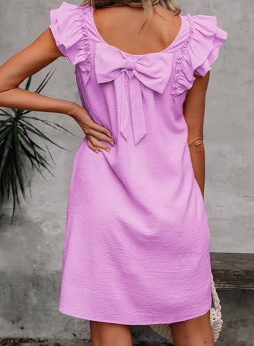 Image of Falechay Womens Summer Dresses Bow Tie Back Sundresses for Women Ruffle Short Sleeve Dress Casual Cute Sundress with Pockets
