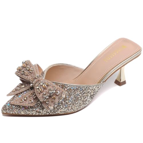 ADKGBE Women's Sparkling Rhinestone Bow Kitten Heel Mules Fashion Closed Pointed Toe Slip On low heel Backless slingback slides Sandals for Wedding Bridal Party Dress (Gold,10)
