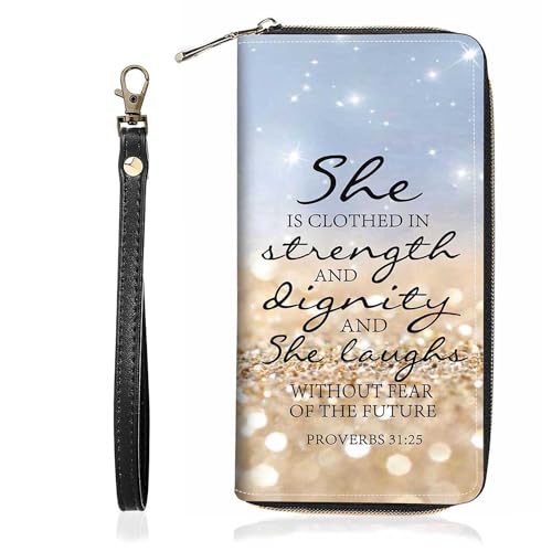 BWOOLL Women's Glitter Quotes Bible Verse Proverbs 31:25 PU Leather Wallet, Rose Gold, Fashionable, Spacious, Well-Organized, Stylish