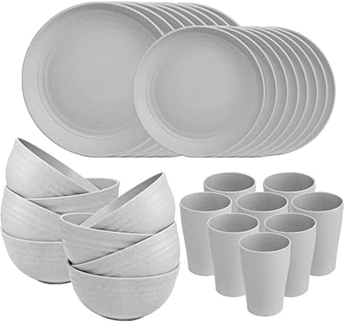 Supernal 32pcs Wheat Straw Dinnerware Sets,Dinnerware Sets for 8,Plates and Bowls Sets,Reusable Tableware,Grey Dish Set 16pcs Plates, 8pcs Bowls, 8pcs Cups,Microwave Dishwasher Safe.
