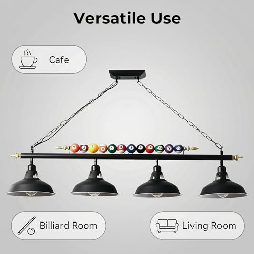 WHELPAW Billiard Pool Table Light - 4-Light Hanging Fixture with Adjustable Height & Metal Shades for 7ft 8ft Pool Tables, Perfect for Game Room, Billiard Club, Man Cave Lighting (Bulb Not Included)