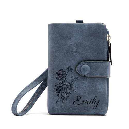Personalized Wallet Custom Birth Flower & Name, Small Leather Wallet Coin Purse Card Holder for Women Teen Girls Customized Gifts for Birthday Christmas Thanksgiving Anniversary Mothers Day