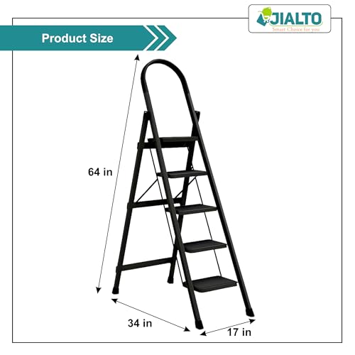 Image of Jialto Premium Matte Black 5 Step Ladder | Foldable Ladder for Home with Built-in Tool Tray | Secure Lock & Wide Rubber Feet | Heavy Duty Home Step Ladder (150kg Capacity)