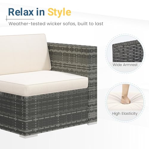 Image of Wisteria Lane 5 Piece Outdoor Patio Furniture Set, All Weather Wicker Rattan Sectional Sofa Conversation Set with Cushions & Glass Coffee Table, Ideal for Porch Garden Balcony Backyard, Beige
