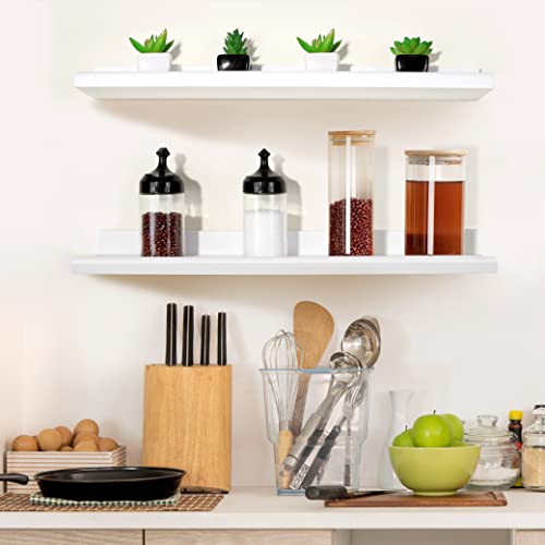 Annecy Floating Shelves Wall Mounted Set Of 3, 24 Inch White Rustic Wood Shelves For Wall, Wall Storage Shelves With Guardrail Design For Bedroom, Bathroom, Kitchen, Office, 3 Different Sizes #TOP1