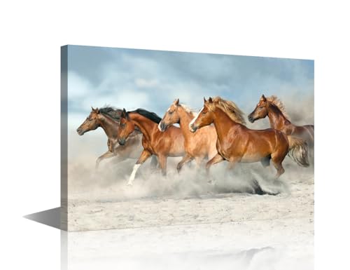 Toile murale de cheval brun galopant style campagne TISHIRON cadre bois nature
