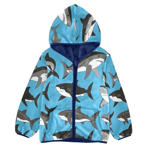 Shark Pattern on Blue Background Toddler Fleece Jacket Girl Boys Hooded Fleece Jacket Coat Warm Outwear Zip-up 3-10T