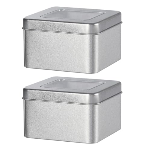 SUPVOX 2pcs Square Tinplate Candy Storage Boxes with Hinged Lid, 90x90x55mm Silver Matte Metal Containers for Wedding Candy Packing and Multipurpose Food Storage