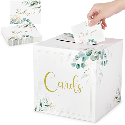 Lemicin Caixa de correio para cartões de casamento: caixas de cartões de papel kraft branco, caixa de cartões-presente, caixa de cartões de dinheiro com 50 cartões de agradecimento para receção,