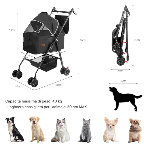 Bakaji Passeggino Per Cani E Gatti 2 In 1 Pieghevole E Salvaspazio Con Cestello Rimovibile, Carrozzina Per Animali Domestici Con Capsula Trasportino Removibile E Ruote, Tettuccio Apribile (Nero) - 3