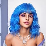 Losmoeer Peluca de pelo corto ondulado con flequillo azul para mujer, longitud de los hombros, peluca sintética rizada resistente al calor para Halloween, color azul, 35,5 cm
