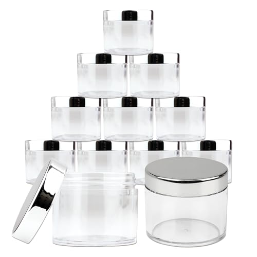 Beauticom 60 Grams/60 ML (2 Oz) Round Clear Leak Proof Plastic Container Jars with SILVER Lids for Travel Storage Makeup Cosmetic Lotion Scrubs Creams Oils Salves Ointments (12 Pieces)