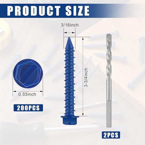 MorningRo 200 Qty 3/16" x 3-3/4" Hex Head Concrete Screws Anchor with Drill Bits Blue Slotted Hex Screws for Anchor Masonry, Block, Brick, Cement, Stucco, Diamond Point and Wood Fastening by MorningRo - Image 2