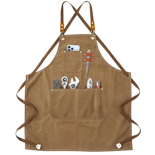 Oyiclyea Brown Cotton Canvas Work Apron, Heavy Duty, Multi-Pocket, Cross-Back, Unisex-Adults, Crafts/Hobbies, DIY Enthusiasts