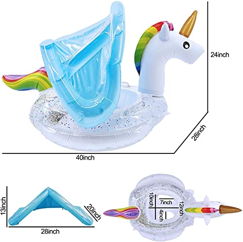 Unicorn Baby Swimming Pool Float With Canopy, Glitters Seat & Safety Handle, 2023 Summer Baby Floats For Pool, Inflatable Baby Floaties For 1-4 Years Kids Boys Girls Family Summer Outdoor Party Favor #TOP1