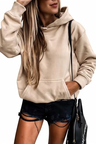 SHEWIN Womens Hoodies Casual Long Sleeve Solid Lightweight Hoodie Pullover Tops Soft Loose Hooded Sweatshirt Fall Clothes for Women 2024,US 4-6(S),Apricot
