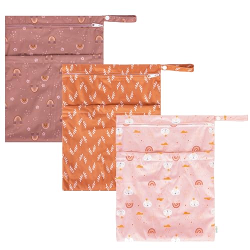 Image of Babygoal Wet Dry Bags for Baby Cloth Diapers, Washable Travel Bags, Beach, Pool, Gym Bag for Swimsuits & Wet Clothes with Two Zippered Pockets 3 Pack, 3LN15