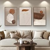 Large Framed Neutral Abstract Wall Art for Living Room, Set of 3 Rustic Canvas Prints Paintings Artwork for Walls, Minimalist Abstract Stone Pictures for Hallway Stair Office Wall Decor 24x36 Inch