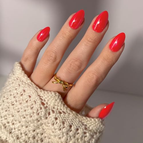 Glamnetic Press On Nails - Red Flag | Short Almond Fake Nails in Vibrant Bright Red Hue with a Glazed Finish Salon Quality | 15 Sizes - 30 Nail Kit with Glue
