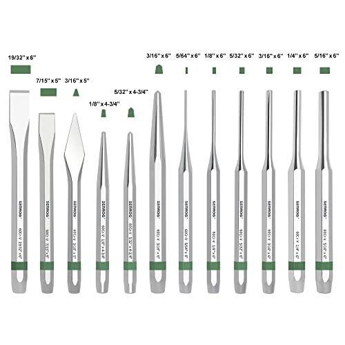 SENROG 12 Pieces Punch and Chisel Set, Alloy Steel 60Cr-v Made Punch Set, Mirror Surface and Chroming Gunsmith Punch Set, Including Flat Chisels, Taper Punch, Pin Punch Set, Center Punch, Cape Punch