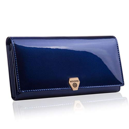 BETLEWSKI® - Large Wallet for Women Made of Leather RFID Blocker Cards Purse Women's with Certificate Leather Wallet with Many Card Slots and Coin Compartment Dark Blue 18.5 x 9.5 x 3.5 cm