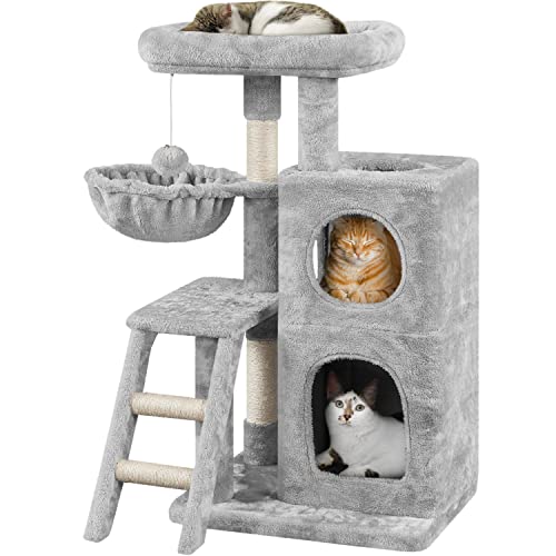 Yaheetech Cat Tree, 94cm Cat Tower for Indoor Cats, Cat House with 2 Condos & Scratching Posts & Oversized Perch & Hammock & Ladder, Indoor Cat Condo Activity Centre, Light Grey