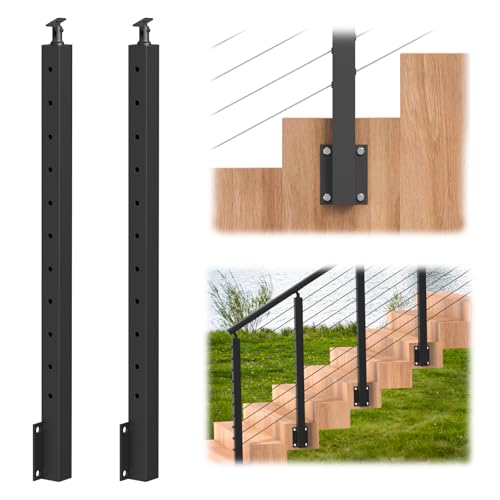 Image of BLIKA 2 Pack 36 inch Side Mount Stair Cable Railing Post for 25-35 Degrees Stair, Stainless Steel, Right Side Fascia Mount Stair Railing Post for Cable Railing Kit, Black Powder Coated Side Mount Post