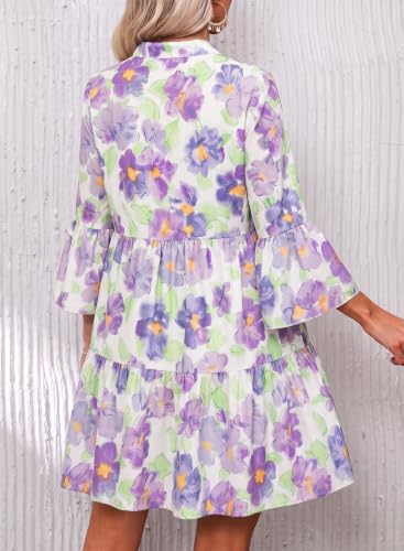 Image of Opemiby Summer Dresses for Women 2026 Flowy Ruffle 3 /4 Bell Sleeve V Neck Tiered Casual Babydoll Boho Floral Beach Mini Dress