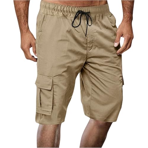 Ymosrh Shorts Mens Tall Elastic Waist Drawstring Summer Beach Cargo Shorts with Pockets Casual Short Trousers Clothing Pantalones Cortos Casuales (M Beige)