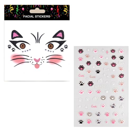ZORVYN 2 piezas de tatuajes temporales para la cara, pegatinas faciales con diseño de gato y gemas adhesivas, ideales para niños y adultos, perfectos para Halloween, Carnaval y Cosplay