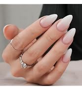 White Press on Nails Medium Almond, Jofay Fashion Pink White Gradient Fake Nails with Glue, Reusa...