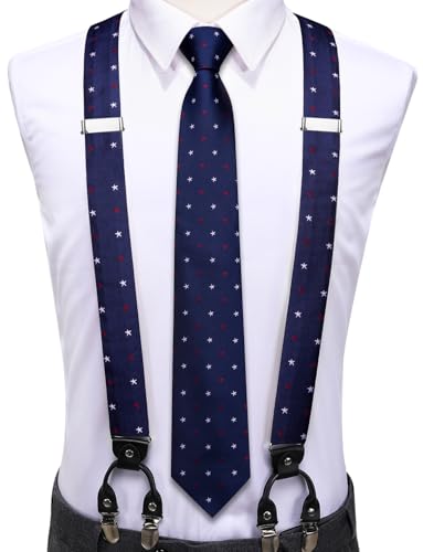 Image of Hi-Tie Men's Suspenders and Tie Set Silk Adjustable Elastic Y Braces with Strong 6 Clips Pocket Square Set
