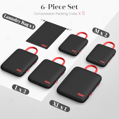6 Set Compression Packing Cubes for Travel, 3 Sizes (5+1) for Carry-On Travel, Waterproof Compression Packing Cubes Set with Laundry Bag & Luggage Organizer (Black) - Image 3
