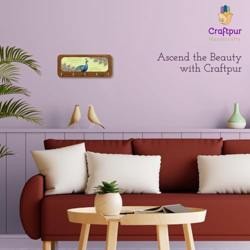 Image of Stylish Wooden Key Holder for Wall | Cute Key Holder for Home Decor | Key Holder Stand with 5 Hooks | Wall Mounted Key Hanger| (Peacock keyholder)