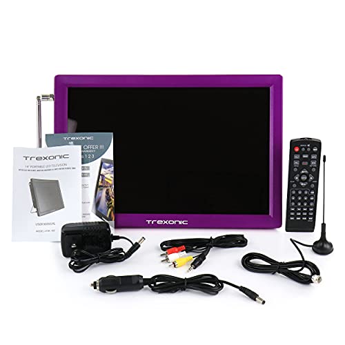 Image of Trexonic Portable Rechargeable 14 Inch LED TV with HDMI, SD /MMC, USB, VGA, AV in /Out and Built-in Digital Tuner, Purple
