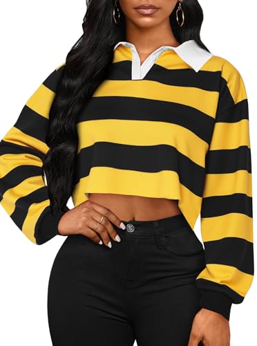 LovelyWholesale Women Striped Cropped Sweatshirts Polo Collar Long Sleeve Crop Tops Yellow Black Medium