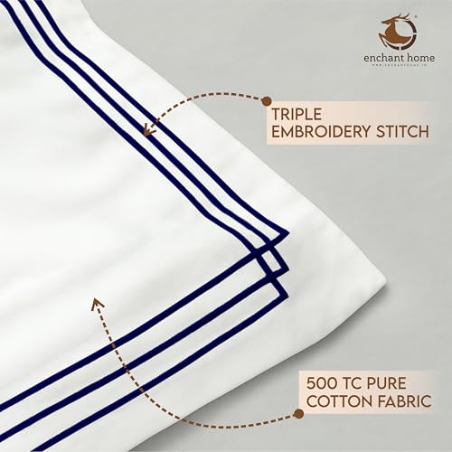 Image of Pure Cotton 500 TC Solid Pillow Cover Set | Greek Embroidered Pillow Cover Set | Percale Weave | 18 X 27 Inches (2, White - Triple Navy Blue)