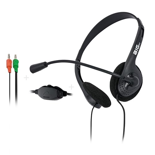 BIGtec Auriculares con micrófono estéreo, 2 clavijas jack de 3,5 mm, ligeros, ajustables, brazo flexible micro, control de volumen, cable de 1,8 m, PC, ordenador portátil, gaming, oficina en casa