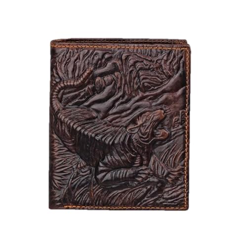 Genuine Real Leather Short Bifold Wallet for Men, RFID Blocking 3D Animal Print Retro Vintage Embossed Clutch Purse. Vertical Tiger Coffee