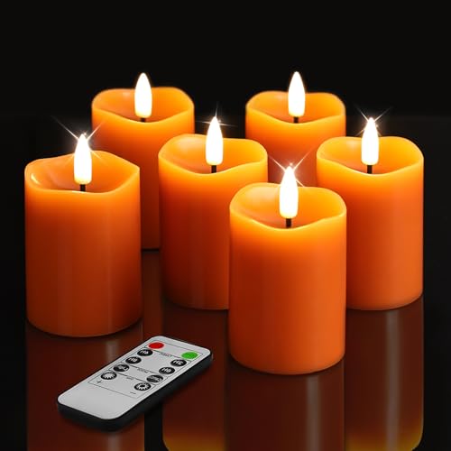 Image of Orange Flameless Votive Candles with Remote Batteries Set of 6 | 2x3 inch Small Flickering LED Pillar Candles, Battery Powered, Real Wax Coating, Fall Halloween Home Decor