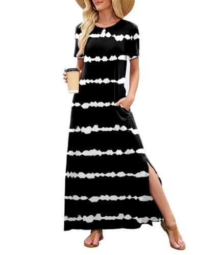 Women Summer Round Neck Fashion Short Sleeve Casual Long Dress Split Beach Maxi Dress with Pockets