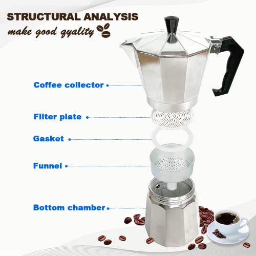 Cafeteira de café de fogão de alumínio, cafeteira de fogão Moka para café expresso clássico, 6 xícar