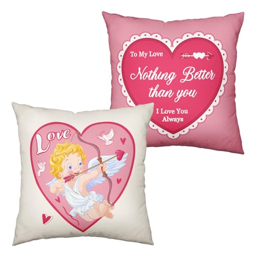 Kwlegh Valentine's Day Pillow Covers Cupid Arrow Hearts Pillow Cases 2 Pack 24x24 Inch February Holiday Cotton Linen Square Cushion Cases for Chair Sofa Bedroom Valentine Decor