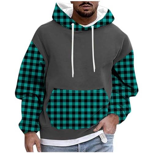 Color Block Sweatshirt Men Casual Plaid Long Sleeve Loose Pullover Warm Fleece Soft Basic Hooded Fall Trendy 2025 Tops