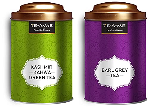 Te-A-Me Earl Grey Tea Tin, 50 Gms – Kashmiri Kahwa Green Tea Tin, 50 Gms